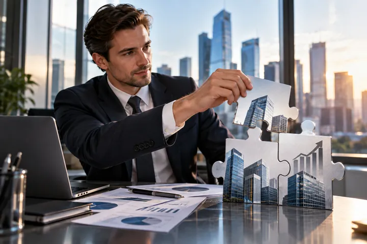 Businessman in a suit fitting together puzzle pieces printed with office towers and a rising chart, beside a laptop and financial reports