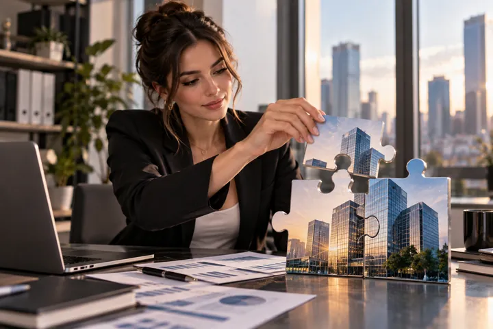 Businesswoman fitting the last piece into a puzzle of office towers at a desk with a laptop and reports