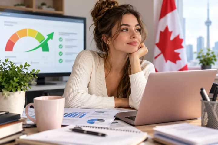 Woman at a laptop with a monitor showing a credit score gauge rising to green, a Canadian flag and the Toronto skyline behind her
