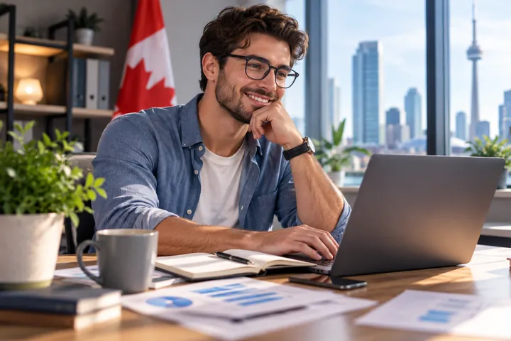Smiling man in glasses at a laptop with papers and charts, a Canadian flag and the CN Tower behind him
