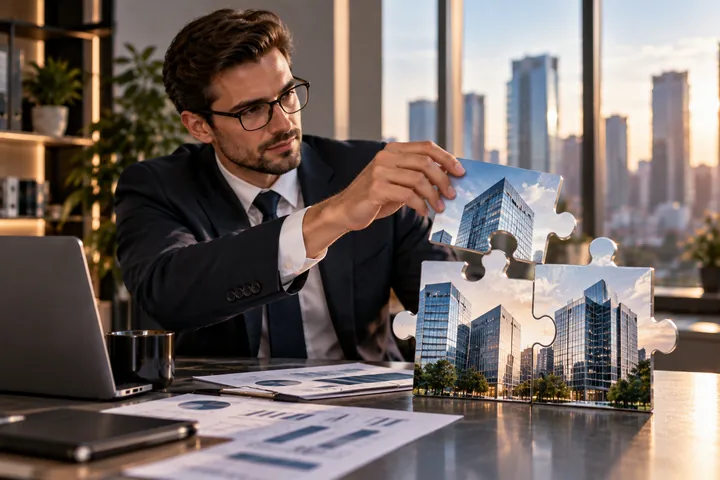 Businessman in glasses placing a puzzle piece showing office towers, papers with charts spread on the desk
