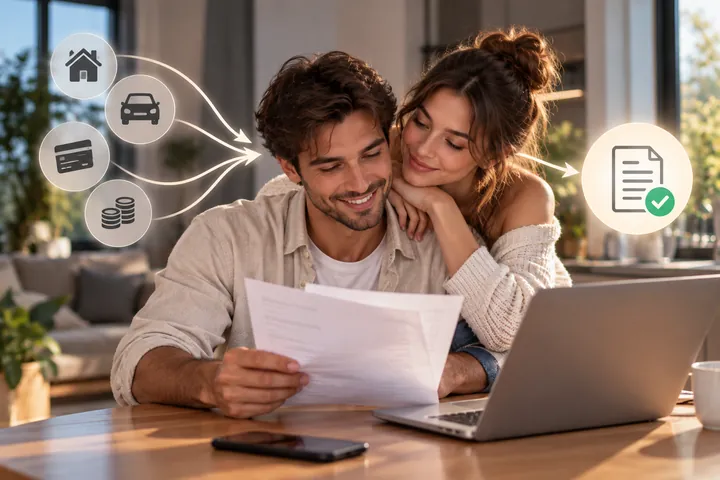 Smiling couple reading a document at a laptop, with home, car, card and coin icons joining into one approved document with a green tick