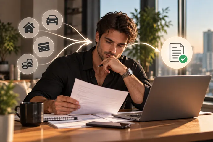 Man in a black shirt studying a letter at a laptop, icons of a house, car, card and coins merging into one ticked document