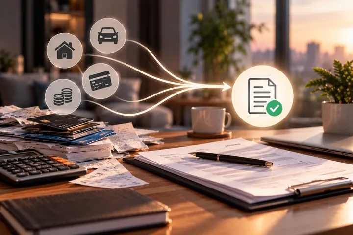 Desk with a calculator, bank cards, papers and a folder, icons of a home, car, card and coins leading to a single document with a green tick