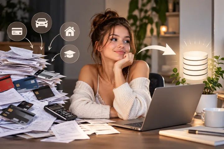 Woman resting her chin on her hand at a laptop beside a pile of bills and bank cards, with card, car, house and graduation cap icons flowing into one glowing coin stack