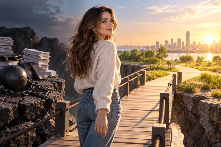 Woman walking along a wooden bridge away from a ball and chain resting on a pile of papers, a city skyline ahead at sunrise
