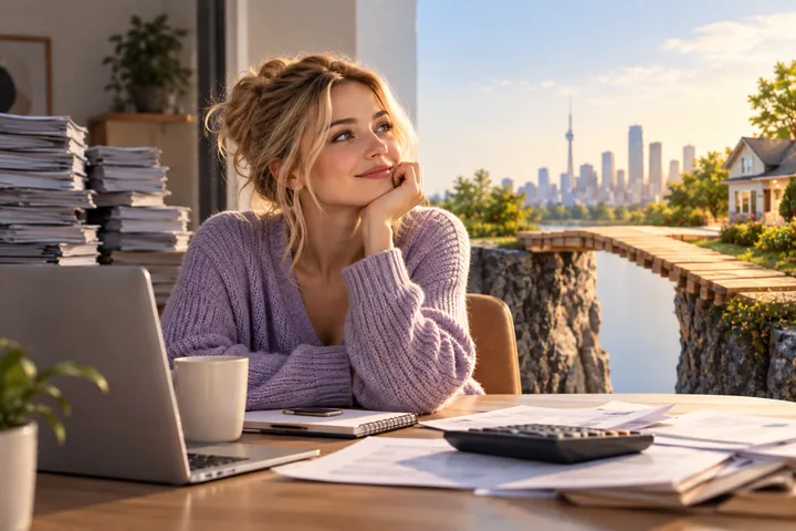 Woman in a lilac sweater smiling at a desk with papers and a calculator, a stone bridge leading to a house and a city skyline behind