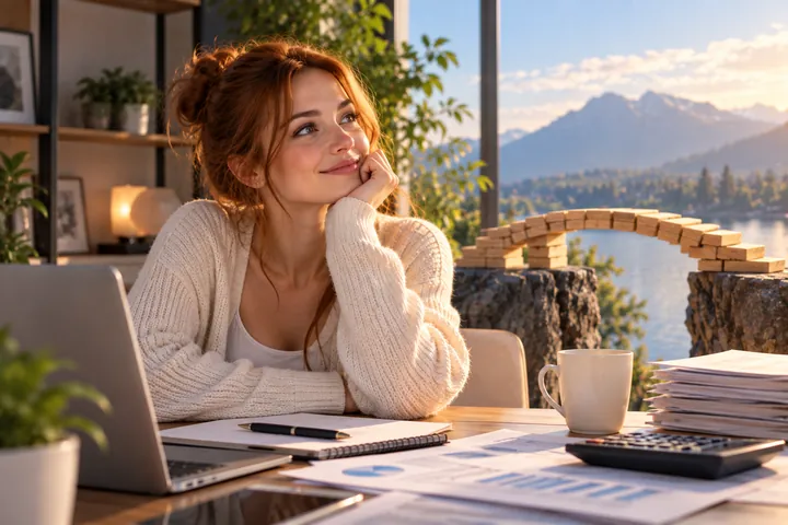 Red-haired woman at a laptop with papers, a calculator and a mug, a small bridge over water and mountains behind her
