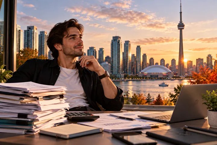 Man leaning back beside stacked folders and a calculator, looking out at the Toronto skyline and the CN Tower across the water