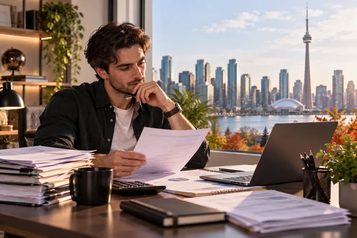 Man reading a document at a desk with folders, a mug and a calculator, the Toronto skyline and CN Tower in the window