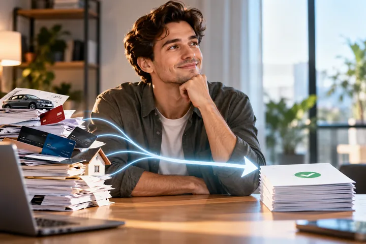 Man smiling at a desk beside a pile of papers, bank cards and a small house model, a glowing arrow leading to one neat stack of papers marked with a green tick