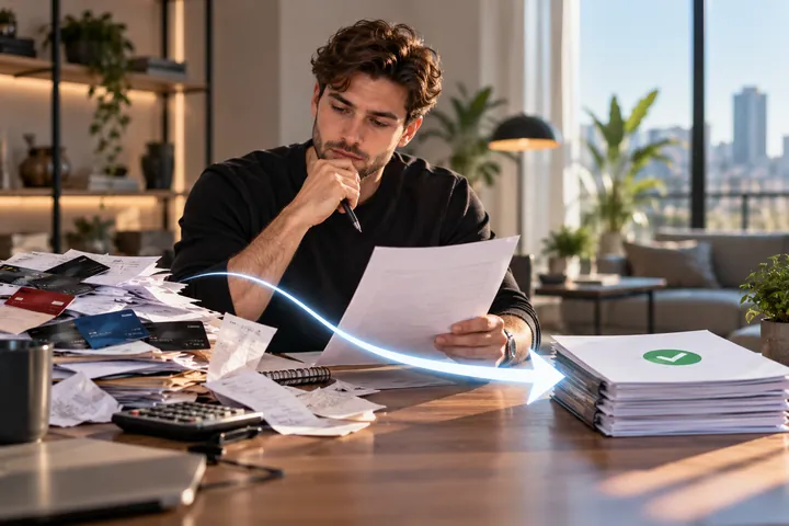 Man in a black sweater reading a letter over a pile of bills and cards, an arrow leading to a tidy stack of papers with a green tick
