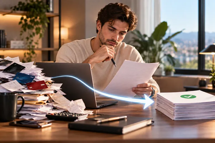 Man with a pen reviewing a document, a heap of cards and receipts on one side and a single ticked stack of papers on the other